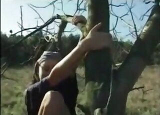 Climbing a tree while being outdoors for a fetish