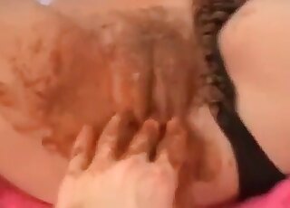 Shaved pussy being used and covered with tons of feces